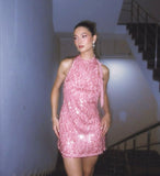 Pretty A Line Halter Pink Sequin Formal Homecoming Dresses 18th Birthday Outfits Graduation Dress Short Mini Hoco Dresses HZ1121