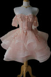 Unique Ball Gown Off The Shoulder Blush Pink Lace Formal Homecoming Dresses 8th Grad Dance Graduation Dress Short Hoco Dresses HZ1121