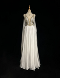Retro A Line V Neck White Chiffon With Silver Gold Beads Long Flowers Prom Dresses Party Dress 21st Birthday Outfits Prom Gowns HZ1121