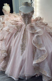 Gorgeous Pink Strapless Tulle Long Ball Gown Sweet Appliques Rhinestone Beadings 16th Birthday Dress Cute Quinceanera Dress HZ1121