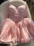 Cute Ball Gown Spaghetti Straps Floral Pink Short Homecoming Dress Summer Middle School Formal 8th Grade Hoco Dresses Summer Homecoming Outfits HZ1121