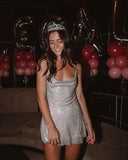 Pretty A line Square Neck Sleeveless Sequin Silver Short Mini Formal 8th Grade Homecoming Dresses Summer Middle School Hoco Dress Homecoming Outfits HZ1121