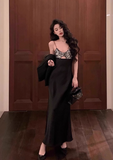 Modest Sheath Spaghetti Strap Long Evening Gown Black Formal Dress Elegant Sequin Satin Birthday Prom Dress HZ1121