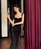 Elegant Spaghetti Straps Mermaid Velvet Long Prom Dresses, Black Evening Dresses HZ1121