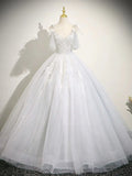 Cute V neck A-Line Tulle Long Prom Dresses, White Sweet 16 Dresses HZ1121