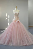 Fairy Strapless Mermaid Long Prom Dresses, Beaded Tulle Pink Evening Gowns HZ1121