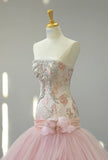 Fairy Strapless Mermaid Long Prom Dresses, Beaded Tulle Pink Evening Gowns HZ1121