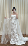 Modest Strapless Sheath Luxury Wedding Dresses Tulle Applique White Bridal Gowns Sleeveless Bridal Dresses HZ1121