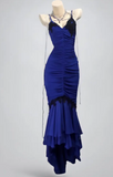 Elegant Spaghetti Strap Mermaid Long Prom Dresses Chiffon Blue Formal Dresses Sleeveless Evening Dresses HZ1121