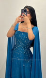 Glam Sheath Evening Dresses Blue Formal Dresses Chiffon Rhinestone Square Neck Guest Dresses HZ1121