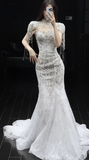 Gorgeous Mermaid Wedding Dresses with Train Beading Tulle Bridal Gowns Short Sleeve Bridal Dresses HZ1121