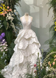 Fairy V-neck Ball Gown Tulle Long Wedding Dresses White Bridal Gowns Sleeveless Bridal Dresses HZ1121