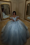 Glam Off-the-Shoulder Ball Gown Tulle Long Prom Dresses Applique Blue Quinceanera Dresses Sweet 16 Dress HZ1121