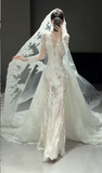 Modest V-neck Sheath Train Long Wedding Dresses Long Sleeve Lace Applique Bridal Dresses White Bridal Gowns HZ1121