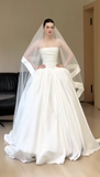 Modest Strapless Ball Gown Long Wedding Dresses Sleeveless Satin Bridal Dresses White Bridal Gowns HZ1121