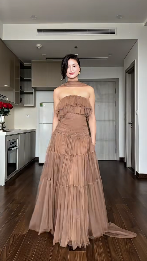 Chic Strapless Sheath Light Brown Long Prom Dresses Sleeveless Tulle L – fkhkvv